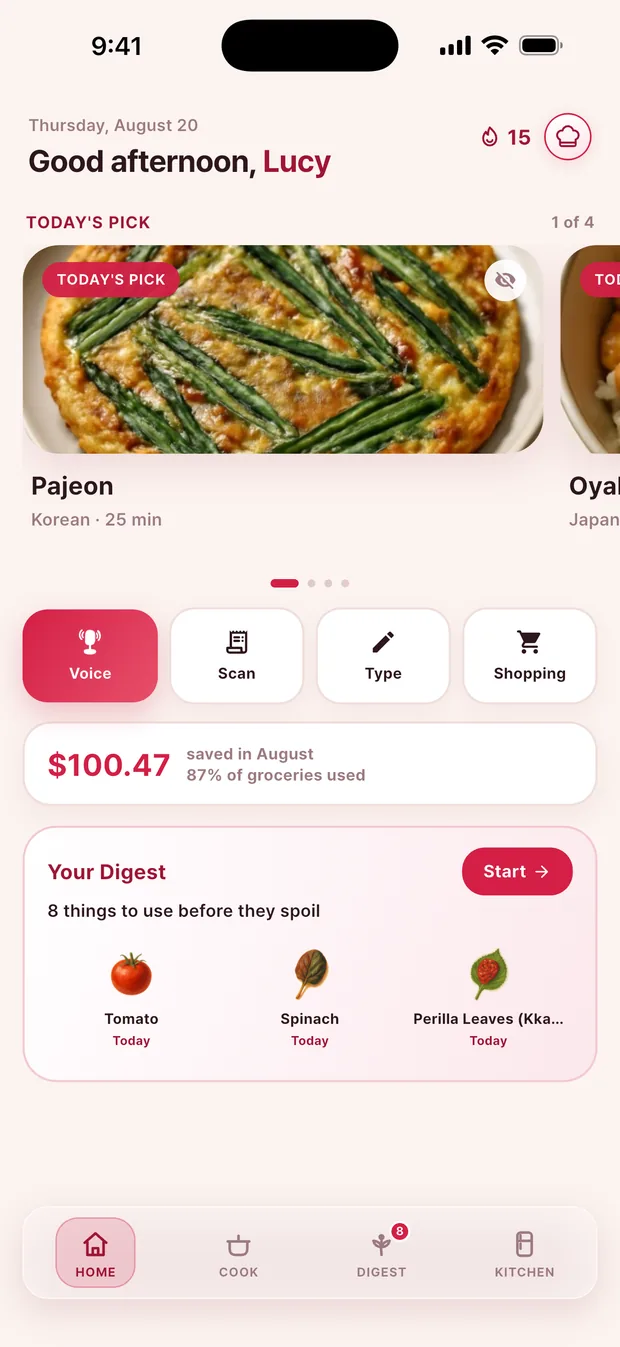 Jujube home screen showing tonight's dish and what to use before it spoils