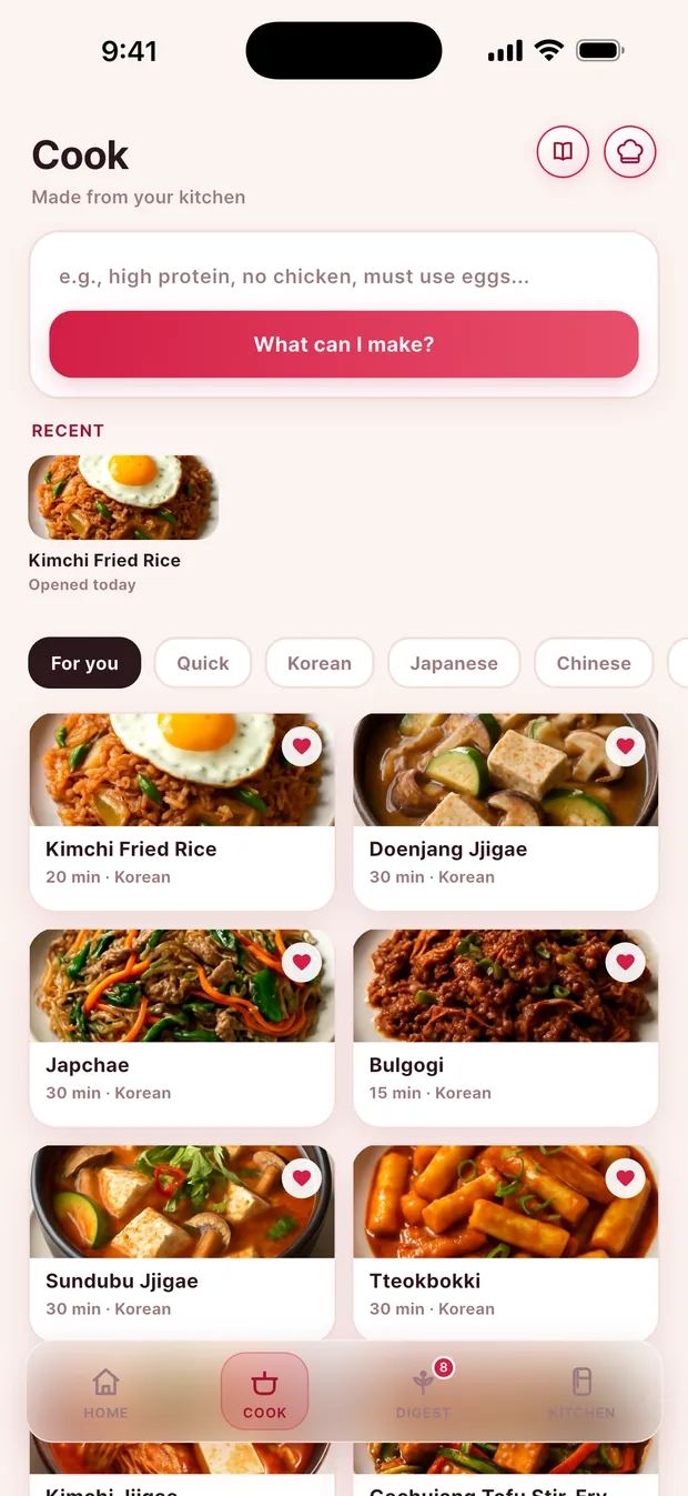 Cook tab with AI dish suggestions