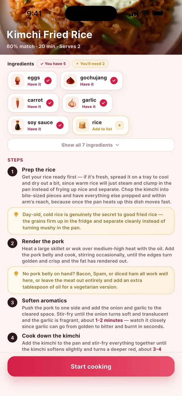 Recipe detail scored against your pantry