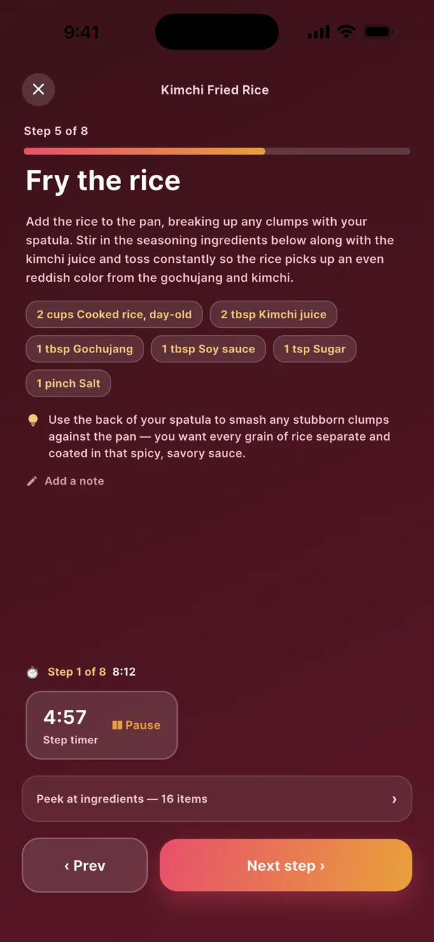 Guided cook mode with a running timer