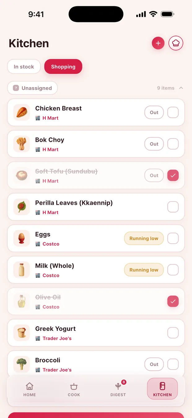 Shopping list grouped by store
